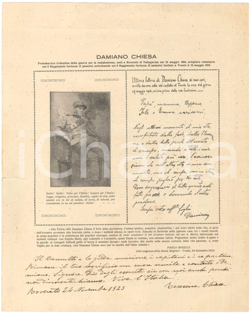 1923 ROVERETO Autografo Teresa MARZARI madre di Damiano CHIESA su stampa Stampa contenente il testo dell'ultima lettera del patriota Damiano Chiesa, con messaggio autografo in calce della madre Teresa. POOR/danneggiato piegature d'epoca e strappo marginale Formato: 23x29 cm originale e autentica 1 1923 ROVERETO Autografo Teresa MARZARI madre di Damiano CHIESA su stampa Stampa contenente il testo dell'ultima lettera del patriota Damiano Chiesa, con messaggio autografo in calce della madre Teresa. POOR/danneggiato piegature d'epoca e strappo marginale Formato: 23x29 cm originale e autentica 1